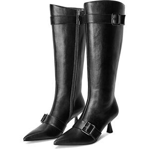 ⚡Women's Black Knee High Boots Kitten Heel Pointed Toe Long Dress Boots Buckles